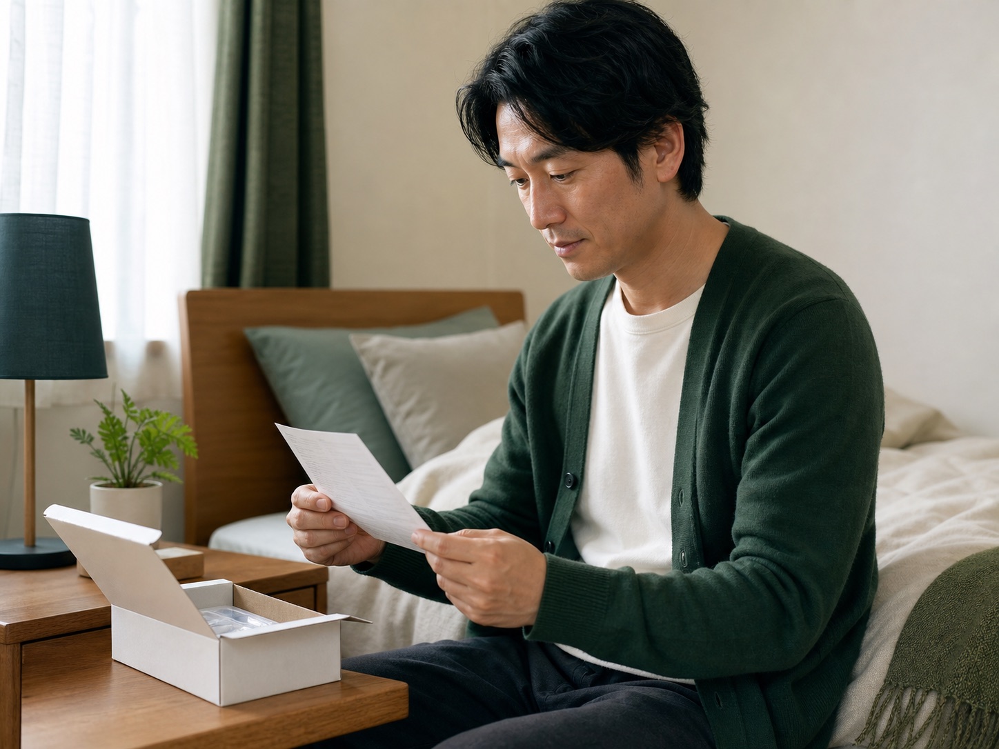 自宅で検査キットを確認する社員