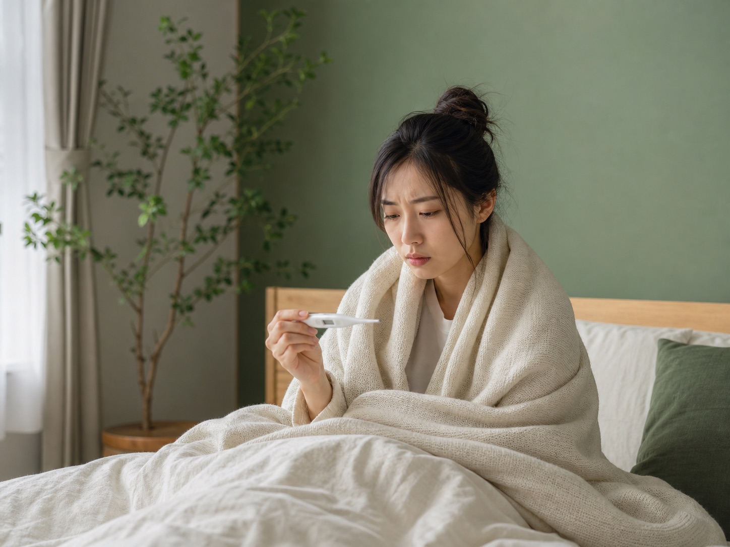 風邪をひいて体温計を見る女性