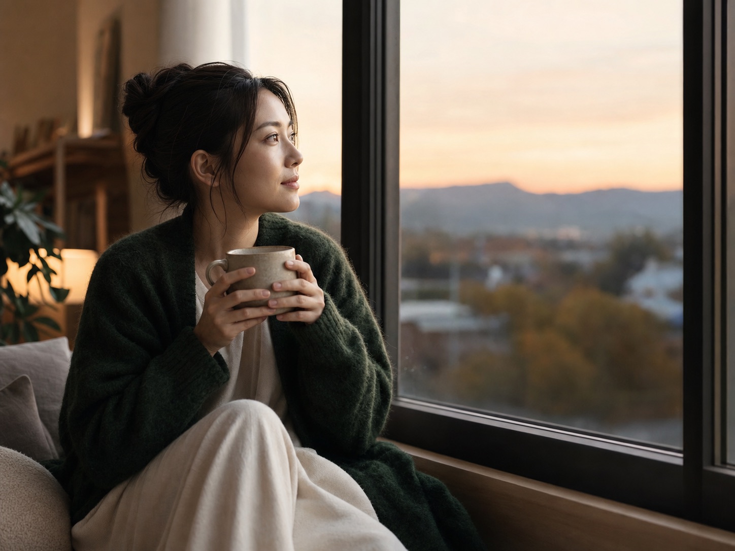 窓辺で静かに過ごす女性