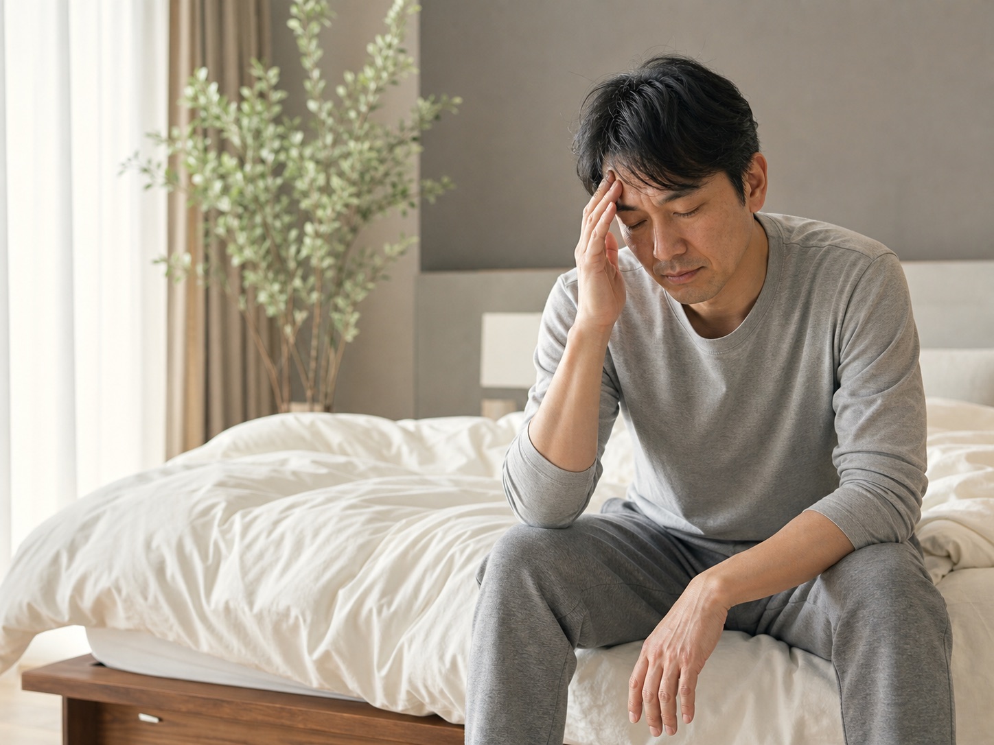 起床時に疲労感を覚える男性